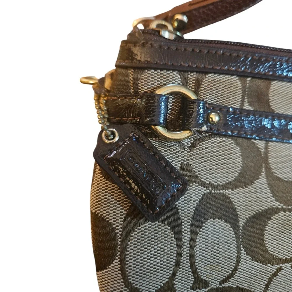 Coach Signature C Monogram Wristlet Pouch‎ Brown Tan Leather Strap